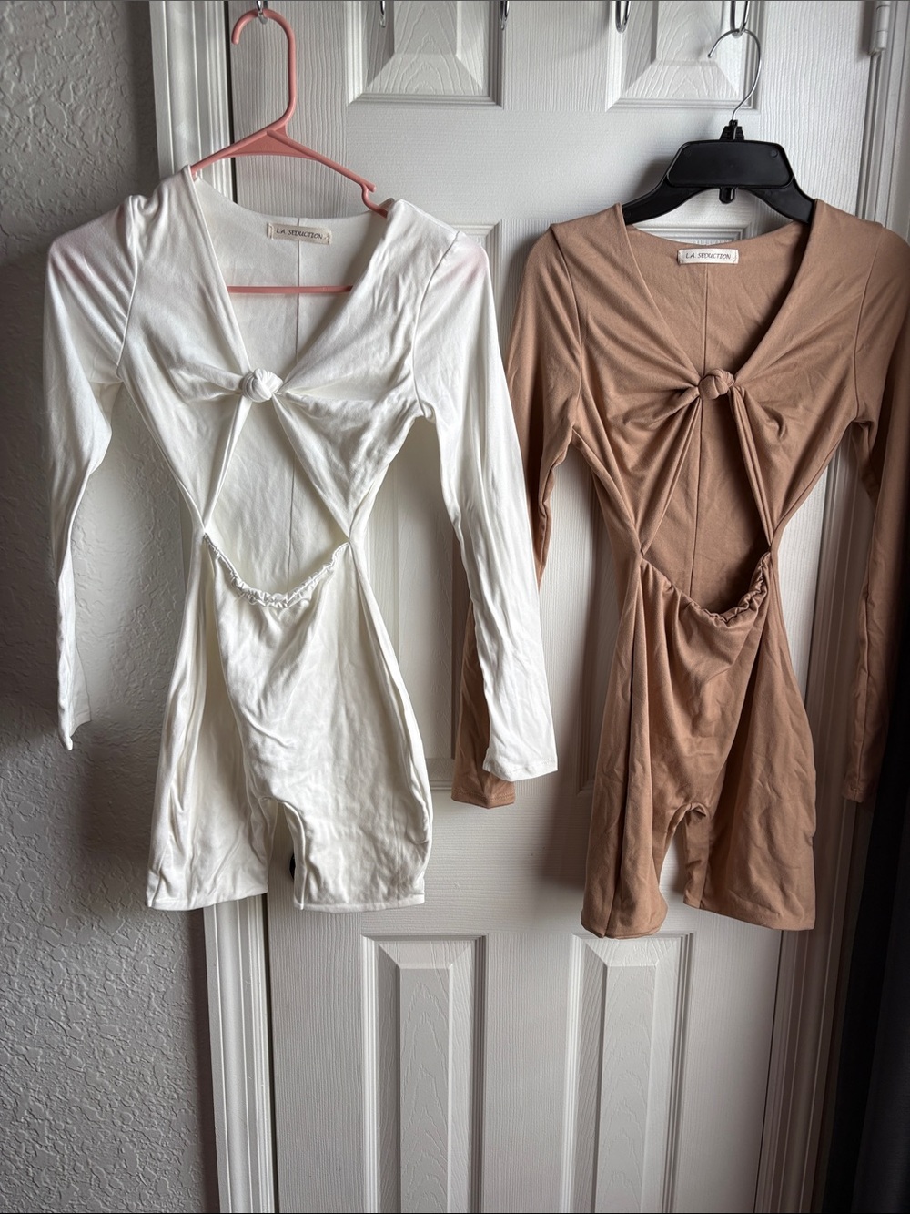 LA Hearts Long-Sleeve Tie-Knot Romper in White and Taupe